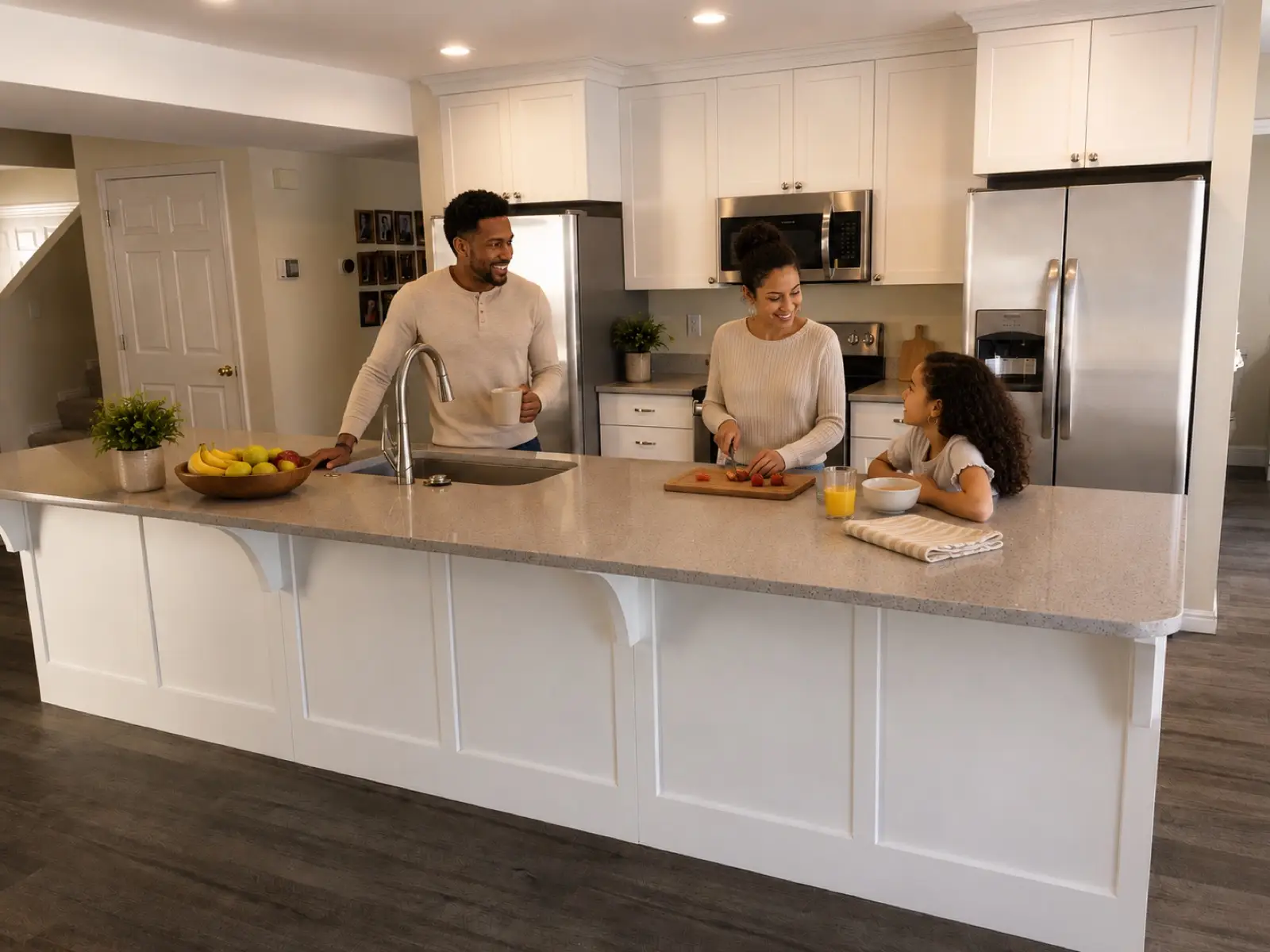 Family having breakfast at their new kitchen island