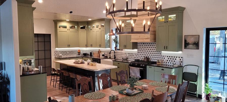 Sage green cabinetry, mosaic tile; brand gallery inspiration
