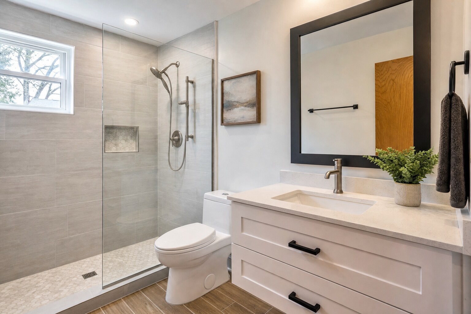 Bathroom design illustration with a tiled walk-in shower and floating vanity