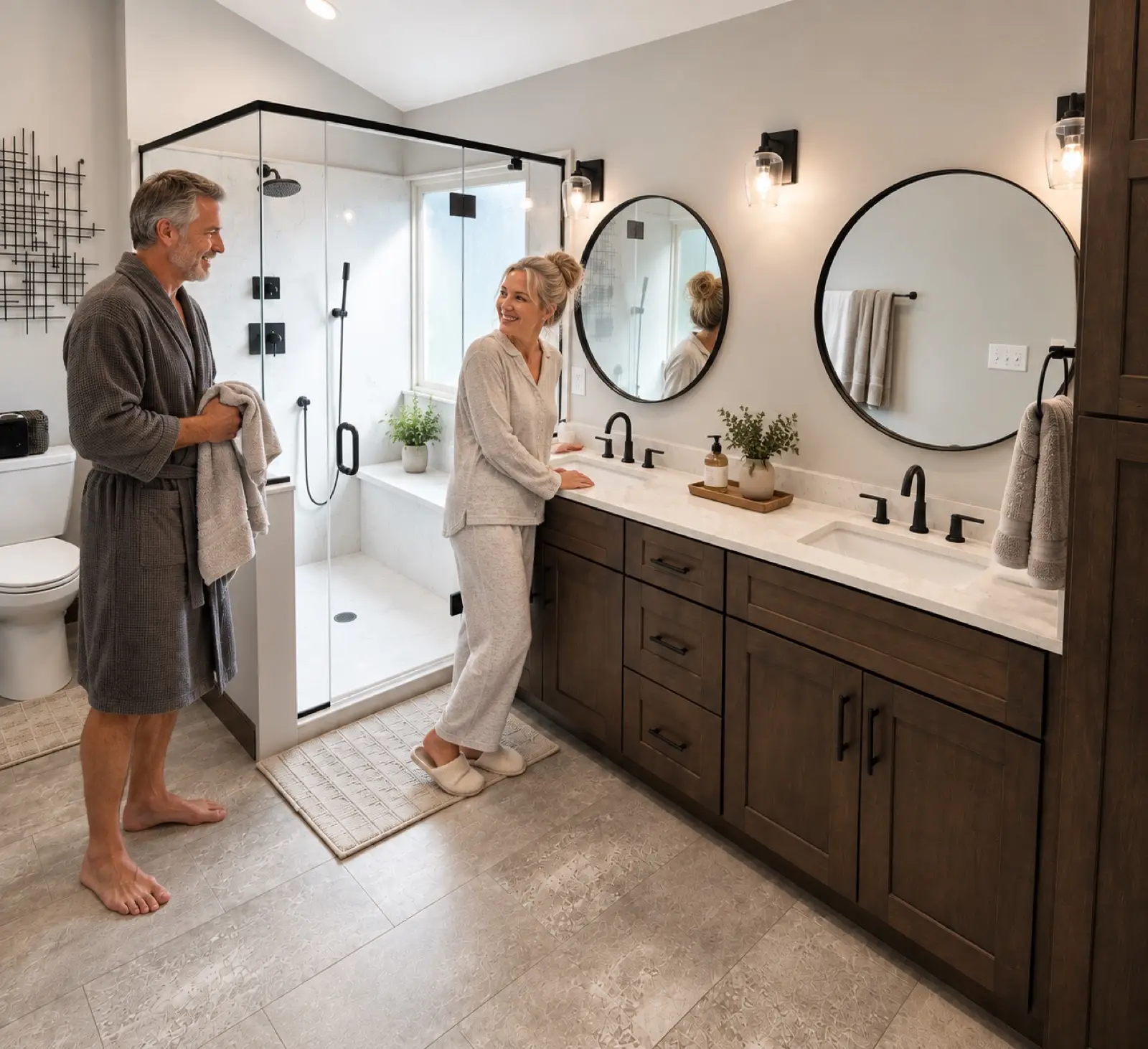 Couple in a remodeled bathroom with a double vanity and walk-in shower