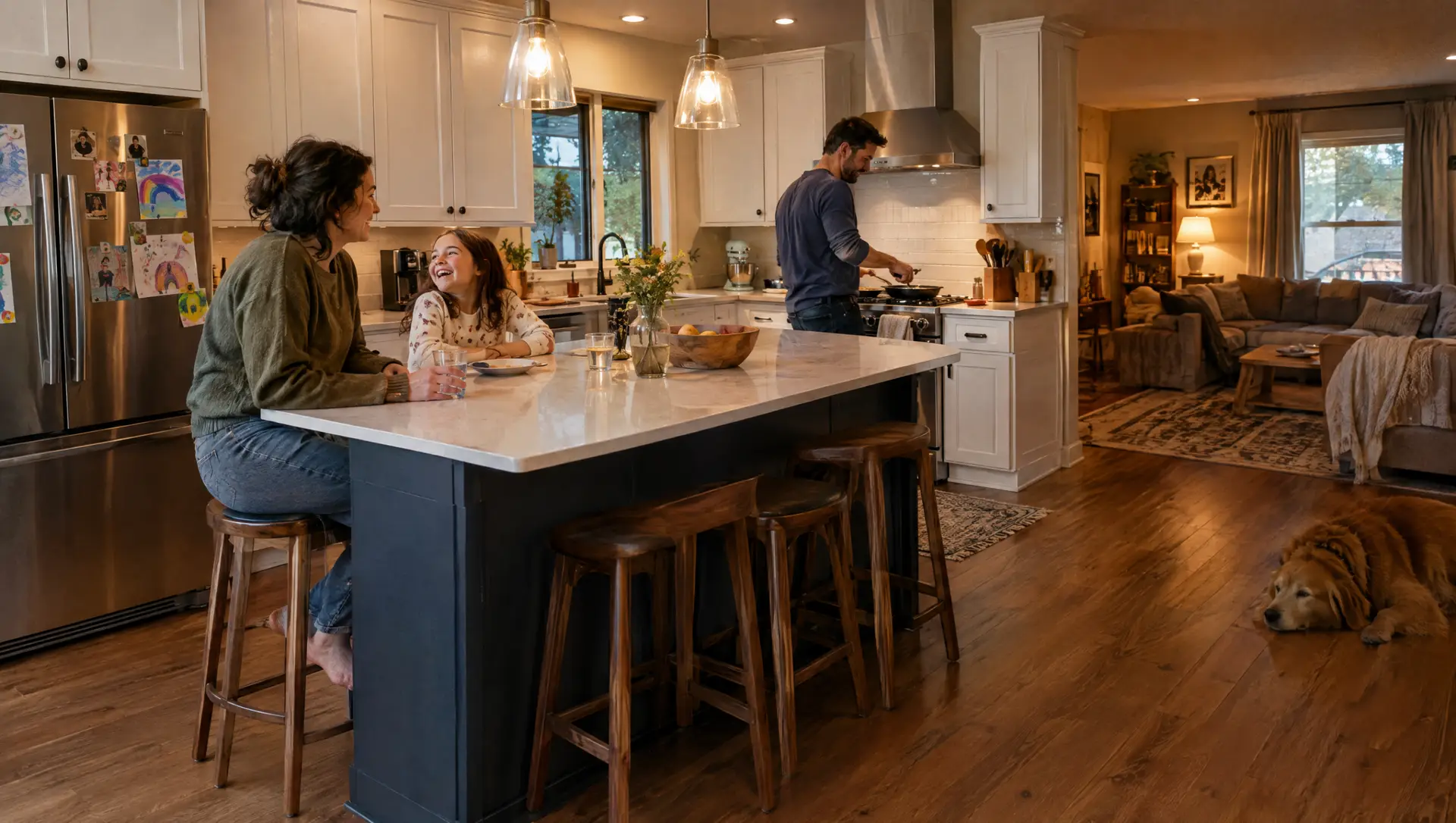 AI-generated illustration of a family in an open kitchen and living space