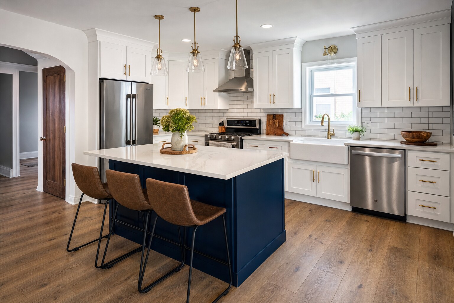 Kitchen design illustration with white shaker cabinets and a navy island