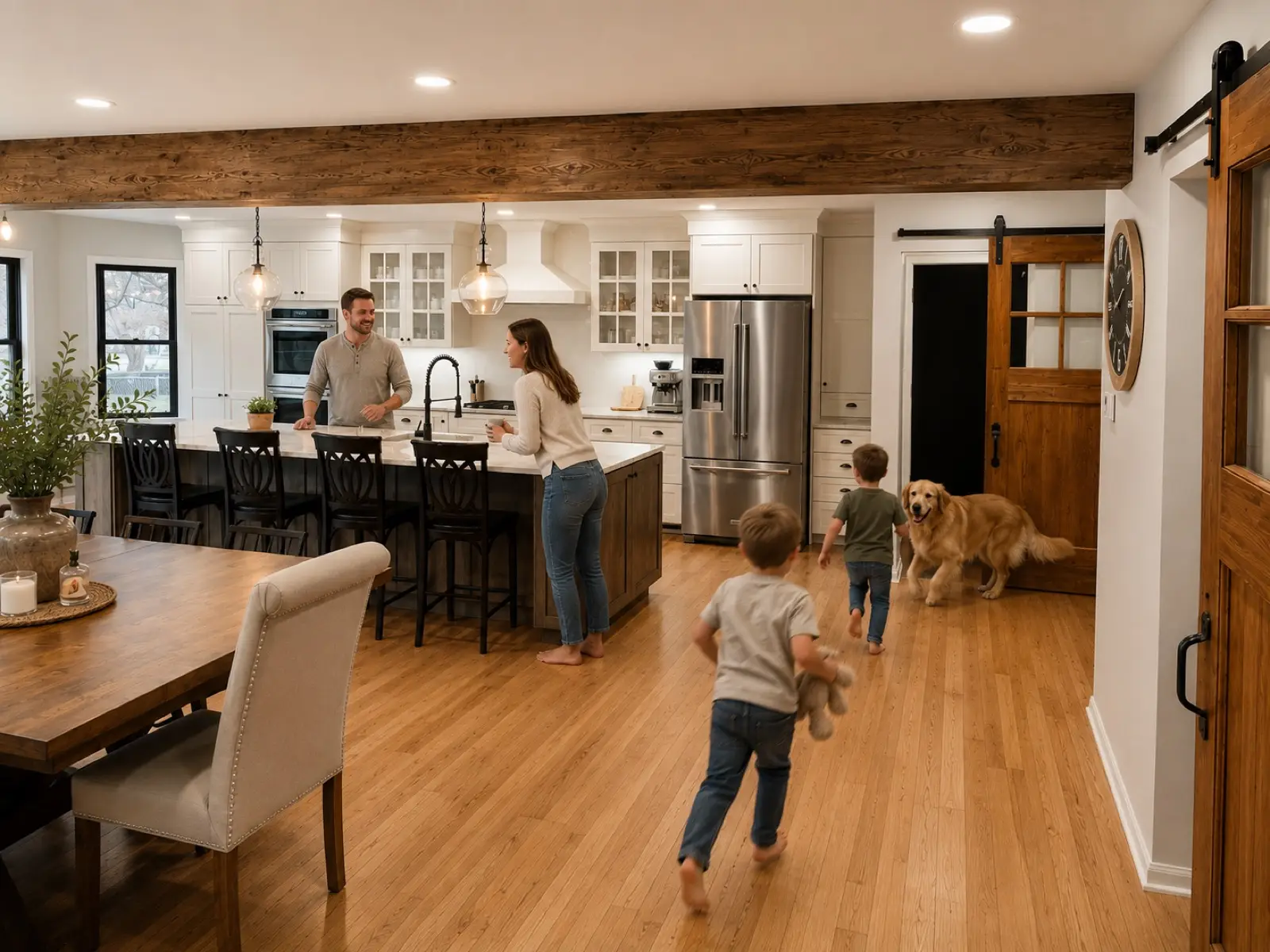 Family and dog in a remodeled farmhouse kitchen