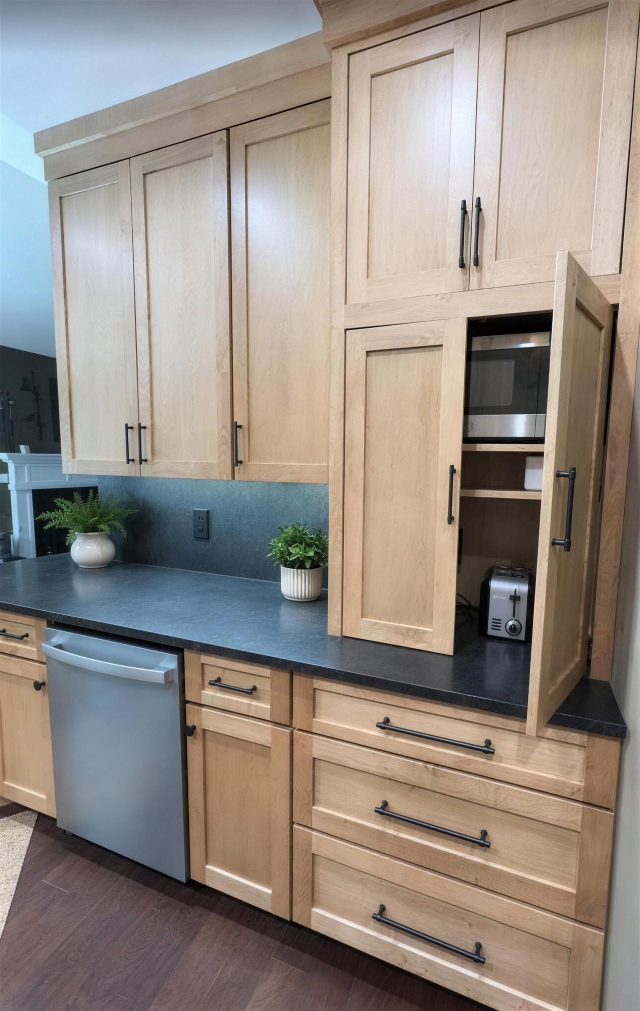 St. Louis kitchen remodel with natural maple cabinets, dark countertops, a corner appliance garage, and stainless steel appliances