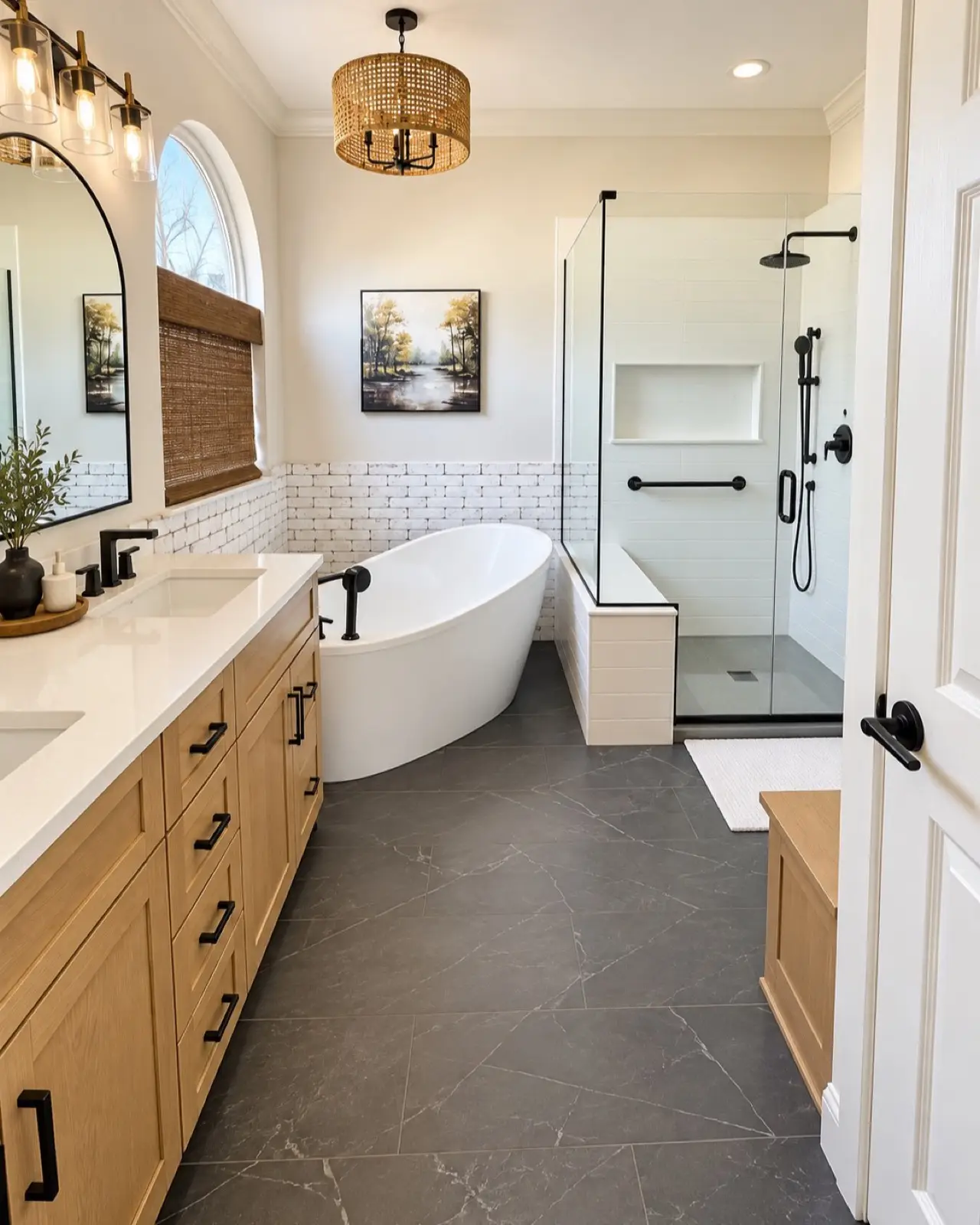 Design rendering of the remodeled bathroom: freestanding tub, frameless glass shower and light oak vanity, 3 Day Kitchen and Bath, Collinsville IL (St. Louis metro)